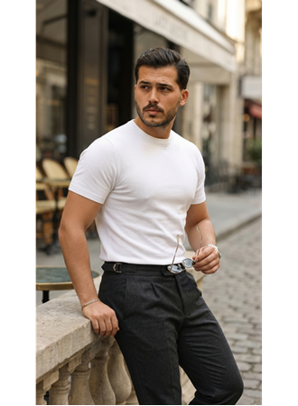 Erkek Basic Bisiklet Yaka Kısa Kollu Triko Tişört - %100 Pamuk Akrilik