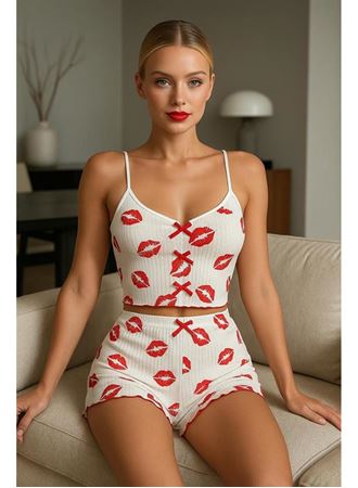 Dudak Desenli Şortlu Pijama Takımı