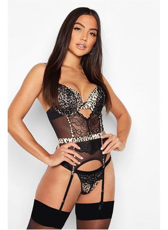 Özel Tasarım Leopar Desenli Dantel İşlemeli Fantezi Şık Jartiyer Takımı