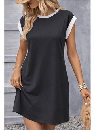 Kadın Kısa Kollu Yuvarlak Yakalı Kontrast Manset Detaylı Kısa Janjan Krep Elbise