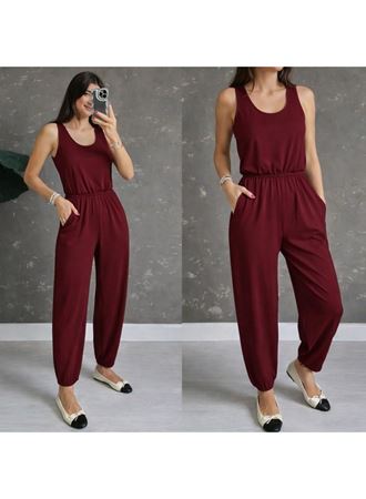 Kadın Askılı Yuvarlak Yakalı Cepli Viskon Tulum