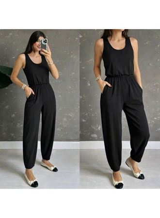 Kadın Askılı Yuvarlak Yakalı Cepli Viskon Tulum