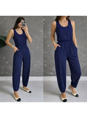 Kadın Askılı Yuvarlak Yakalı Cepli Viskon Tulum