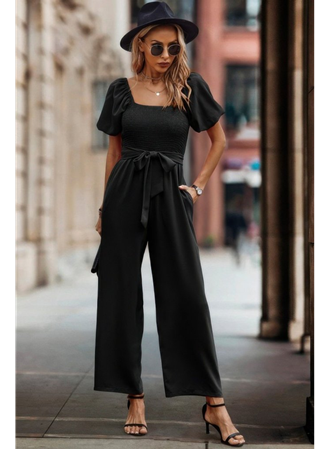 Kadın Kısa Kollu Kare Yakalı Göğsü Gipeli Belden Kuşaklı Uzun Janjan Tulum