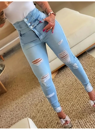 Kadın Yüksek Belli önden Düğmeli Yırtık Detaylı Kot Pantolon