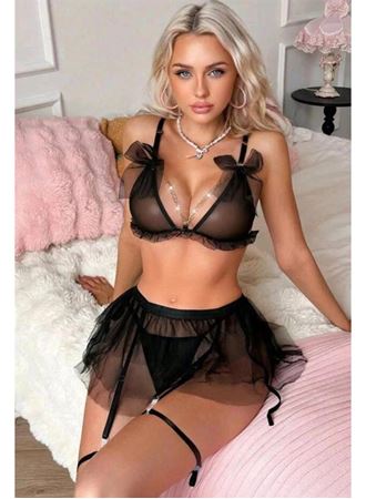 Transparan Siyah Zincir Detaylı Fantezi Tül Etekli Jartiyer Takımı