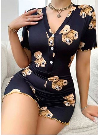 Pamuklu Siyah Ayıcık Desenli Düğmeli Tulum Pijama