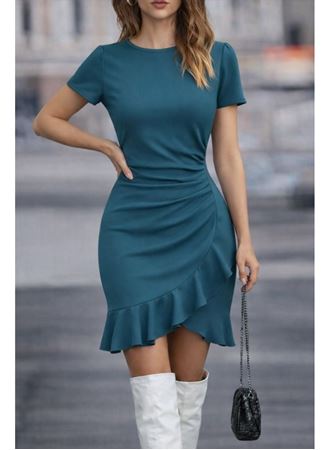 Kadın Kısa Kollu Bisiklet Yaka önden Volanlı Ithal Krep Elbise