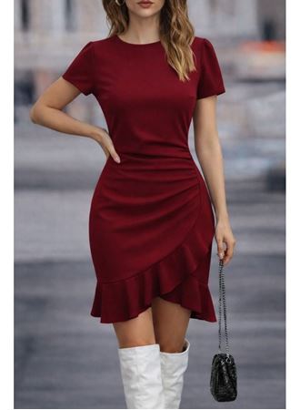 Kadın Kısa Kollu Bisiklet Yaka önden Volanlı Ithal Krep Elbise