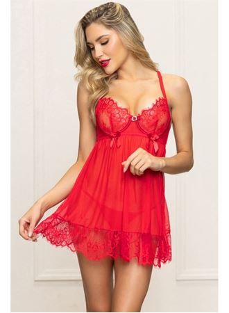 Kırmızı Sırt Dekolteli Dantel İşlemeli Fantezi Tül Gecelik