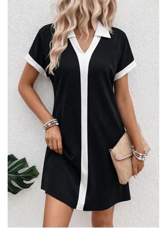 Kadın Kısa Kollu V Yakalı Onden şerit Detaylı Yakalı Kısa Janjan Krep Elbise