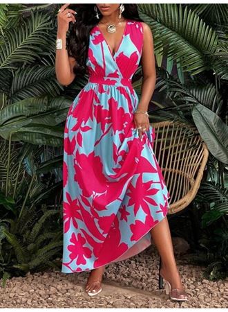 Kadın Askılı Kruvaze Yakalı çiçek Desenli Uzun Süprem Elbise