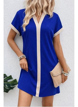 Kadın Kısa Kollu V Yakalı Onden şerit Detaylı Yakalı Kısa Janjan Krep Elbise