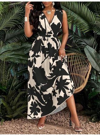 Kadın Askılı Kruvaze Yakalı çiçek Desenli Uzun Süprem Elbise