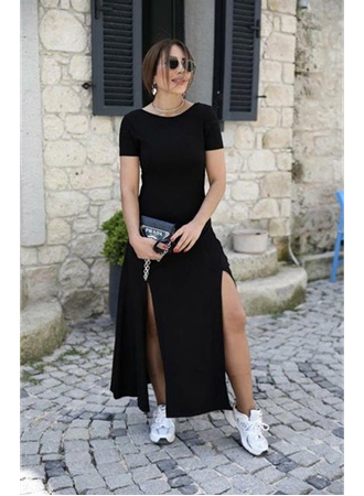 Kadın Kısa Kollu Sırt Dekolteli Yırtmaç Detaylı Viskon Elbise