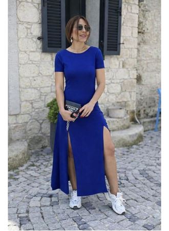 Kadın Kısa Kollu Sırt Dekolteli Yırtmaç Detaylı Viskon Elbise