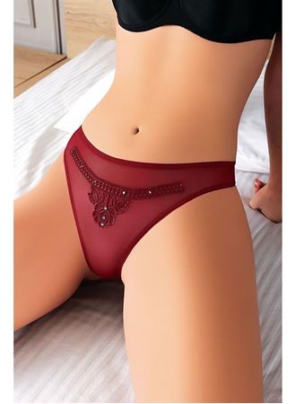 Bordo Nakış Desenli Taşlı Fantezi Tanga String