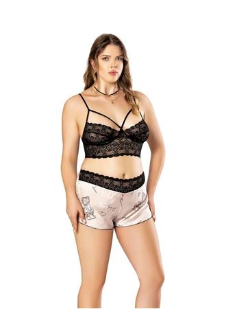 Büyük Beden Altı Şirin Desenli Üstü Dantel Fantezi Şortlu Saten Gecelik