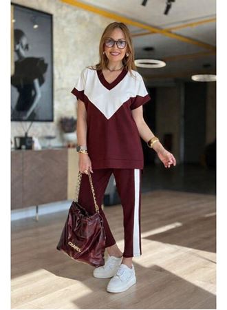 Kadın Kısa Kollu V Yakalı çift Renkli Viskon Iki Iplik Ikili Bluz Ve Pantolon Takım