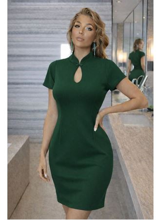 Kadın Kısa Kollu Damla Yaka Detaylı Yakası Bağcık Detaylı Kısa Ithal Krep Elbise