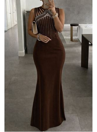 Kadın Omuz çoklu Askılı önü Taş Işlemeli Balık Kesim Janjan Krep Maxi Boy Elbise
