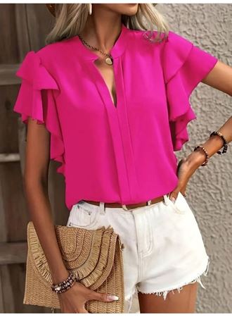 Kadın Kısa Kollu V Hakim Yaka Kolları Fırfırlı Dubai Bluz