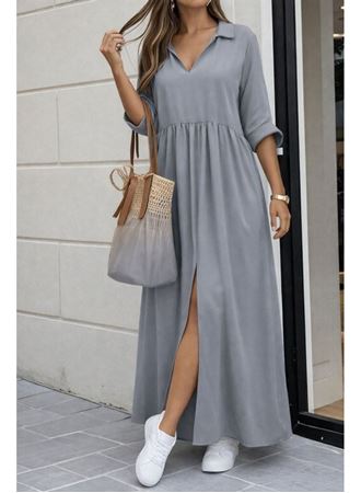 Kadın Truvakar Kollu V Yakalı Yırtmaçlı Uzun Aerobin Elbise