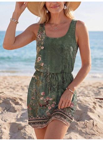 Kadın Askılı Yuvarlak Yakalı Beli Kusaklı çiçek Desenli Kısa Süprem Elbise