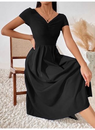 Kadın Kısa Kollu V Yakalı önden Pileli Janjan Krep Elbise