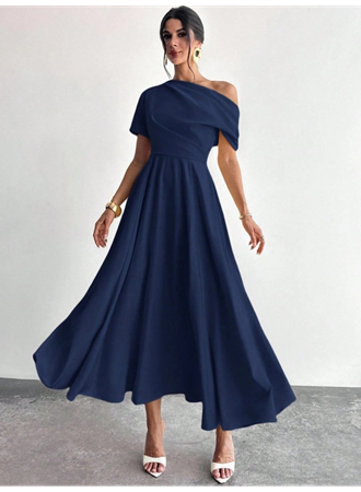 Kadın Omuzdan Açık Kısa Kollu Omuzdan Pileli Uzun Janjan Krep Elbise