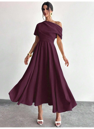 Kadın Omuzdan Açık Kısa Kollu Omuzdan Pileli Uzun Janjan Krep Elbise