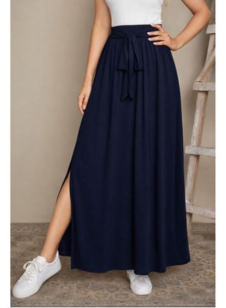 Kadın Yüksek Bel Bei Kuşaklı Yandan Yırtmaçlı Uzun Sandy Etek