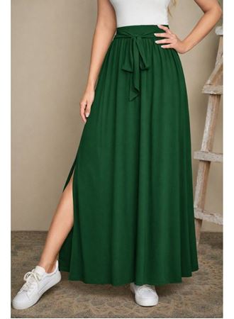 Kadın Yüksek Bel Bei Kuşaklı Yandan Yırtmaçlı Uzun Sandy Etek