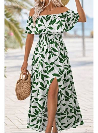 Kadın Madonna Yaka Göğüs Lastikli Yırtmaçlı Uzun Desenli Süprem Elbise