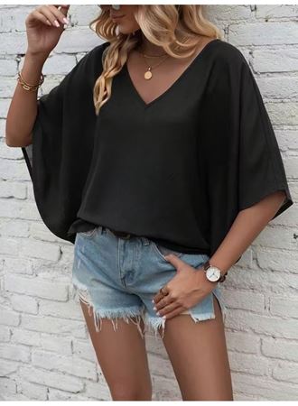 Kadın Kısa Kollu V Yakalı Salaş Viskon Bluz