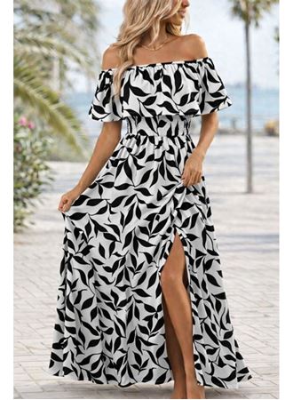 Kadın Madonna Yaka Göğüs Lastikli Yırtmaçlı Uzun Desenli Süprem Elbise