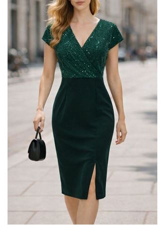 Kadın Kısa Kollu Kruvaze Yakalı ışıltı Detaylı Midi Ithal Krep Elbise