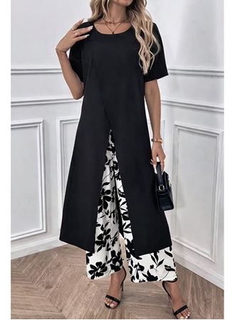 Kadın Kısa Kollu önden çapraz Detaylı Viskon Uzun Bluz Ve Desenli Iki Iplik Pantolon Ikili Takım