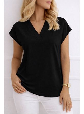 Kadın V Yaka Kısa Kol Dokuma Viskon Kumaş Bluz