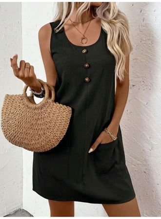 Kadın Askılı Yuvarlak Yakalı önden Düğmeli Cep Detaylı Kısa Elbise