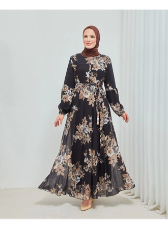 Yaprak Desenli Zarif ve Şık Uzun Boy Büyük Beden Astarlı Şifon Elbise ( Lisinya )