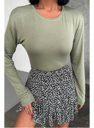 Rahat Ve Şık Uzun Kollu Bisiklet Yaka Likralı Viskon Penye Body Haki (