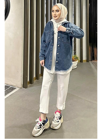 Koyu Mavi Kar Yıkama Püskül Detay Kot Ceket Oversize (