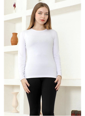 Rahat Ve Şık Uzun Kollu Bisiklet Yaka Likralı Viskon Penye Body Beyaz (