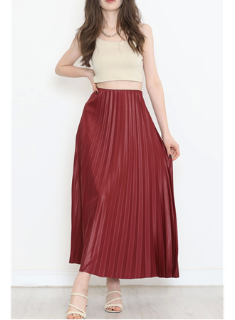 Zarif ve Modern Pileli Parlak Krep Gizli Lastikli Bordo Etek (