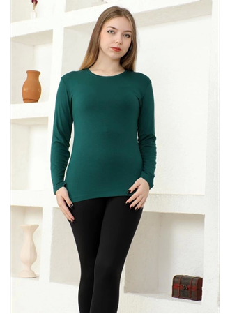 Rahat Ve Şık Uzun Kollu Bisiklet Yaka Likralı Viskon Penye Body Zümrüt Yeşili (