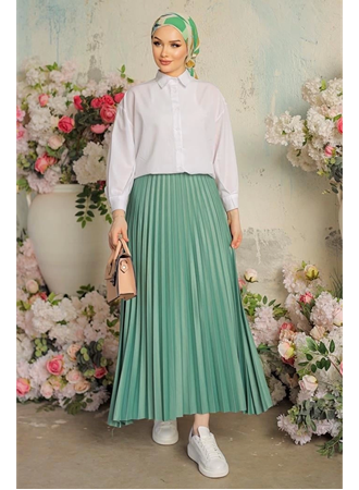 Zarif ve Modern Pileli Parlak Krep Gizli Lastikli Mint Etek (