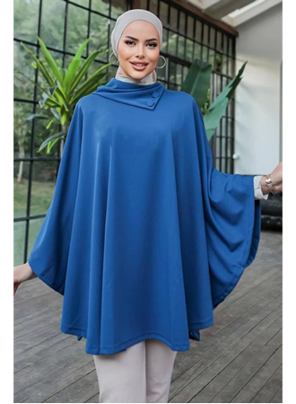 Düğme Detaylı Şık Tasarımlı Mavi Şal Yaka Panço (