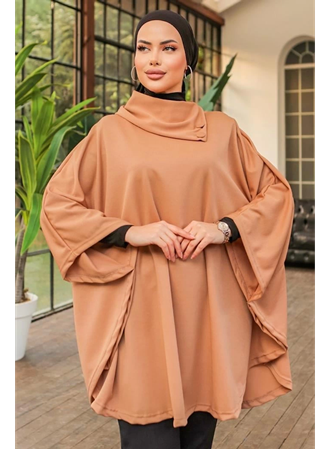 Düğme Detaylı Şık Tasarımlı Bej Şal Yaka Panço (