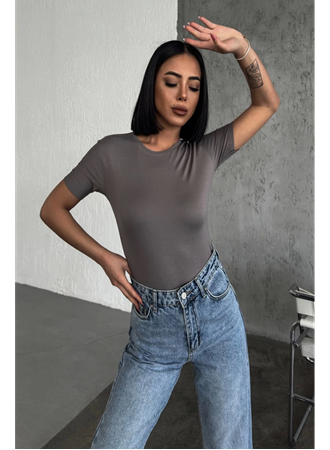 Rahat Ve Şık Kısa Kollu Bisiklet Yaka Likralı Viskon Penye Body Füme (